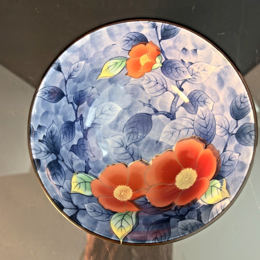 Bowl Blue Vintage Porcelain Japanese‎ Blossom Flowers Signed